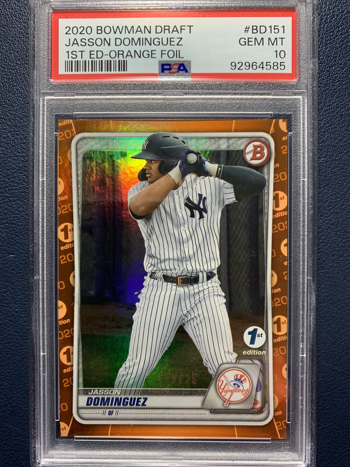 Jasson Dominguez 2020 Bowman Draft 1st Edition Orange Foil #BD151 /25 PSA 10