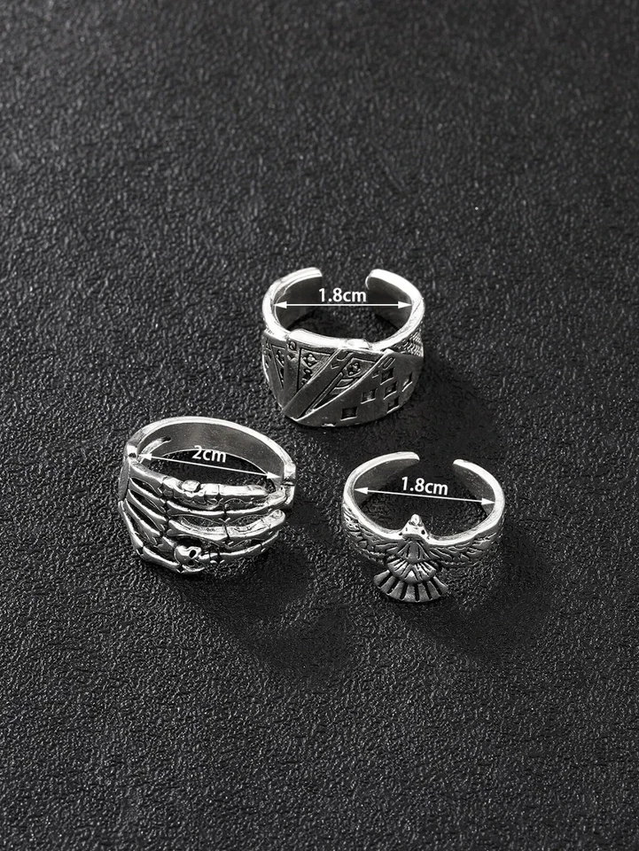 3 pezzi Anello anelli uomo scheletro mano e carte decorato poker colore argento - Immagine 4 di 4