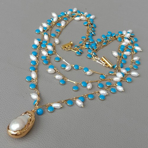 3 Strands 19'' White Rice Pearl Blue Enamel Chain Necklace Keshi Pearl Pendant - Picture 7 of 8