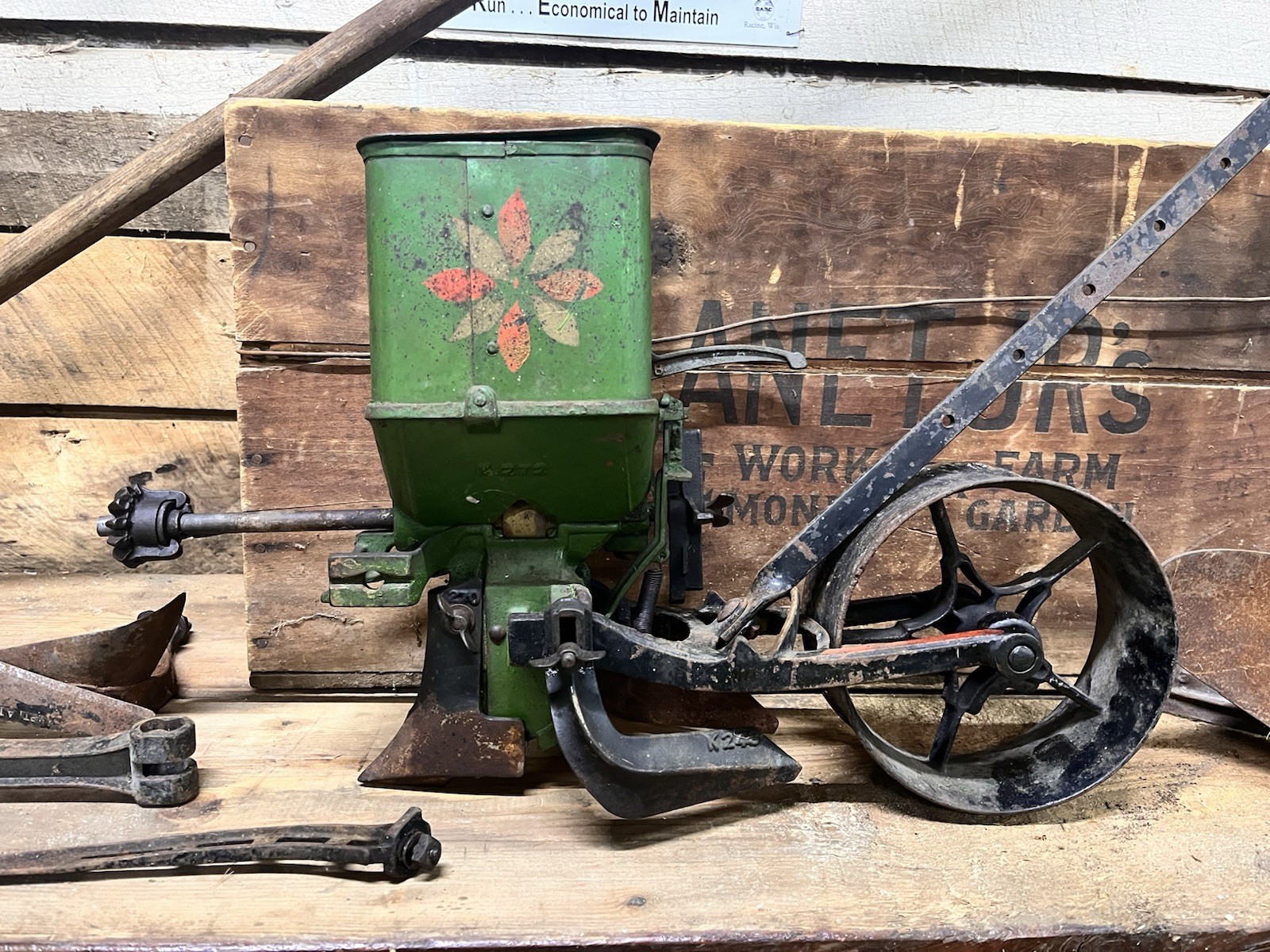 Planet Jr No.4 Seeder & Cultivator W/ Orig Wood Box, Plow, Leaf Lifter and More!