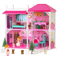 TEMI Luxury Doll House - 2-Story Villa with 4 Rooms, 2 Dolls & Furniture for Gir