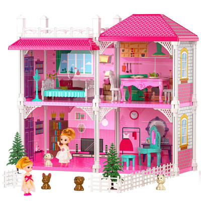 TEMI Luxury Doll House - 2-Story Villa with 4 Rooms, 2 Dolls & Furniture for Gir