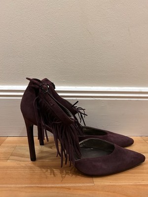 Stuart Weitzman burgunderrote Wildleder-Pumps mit Fransen und Knöchelriemen Größe 8 UK UVP 500