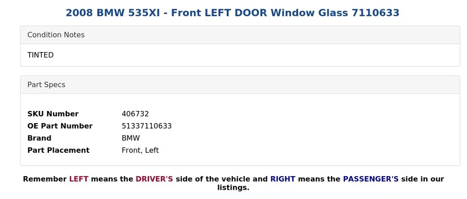2008 BMW 535XI — стекло окна передней левой двери 7110633 - Изображение 3 из 4