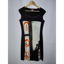Aventures des Toiles Graphic Print Dress Black Shift Knee Length Knit Size 40