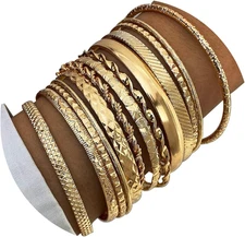 Gold Bangle Bracelet for Women, 14K Multilayer Charm Textured Stackable Bracelet