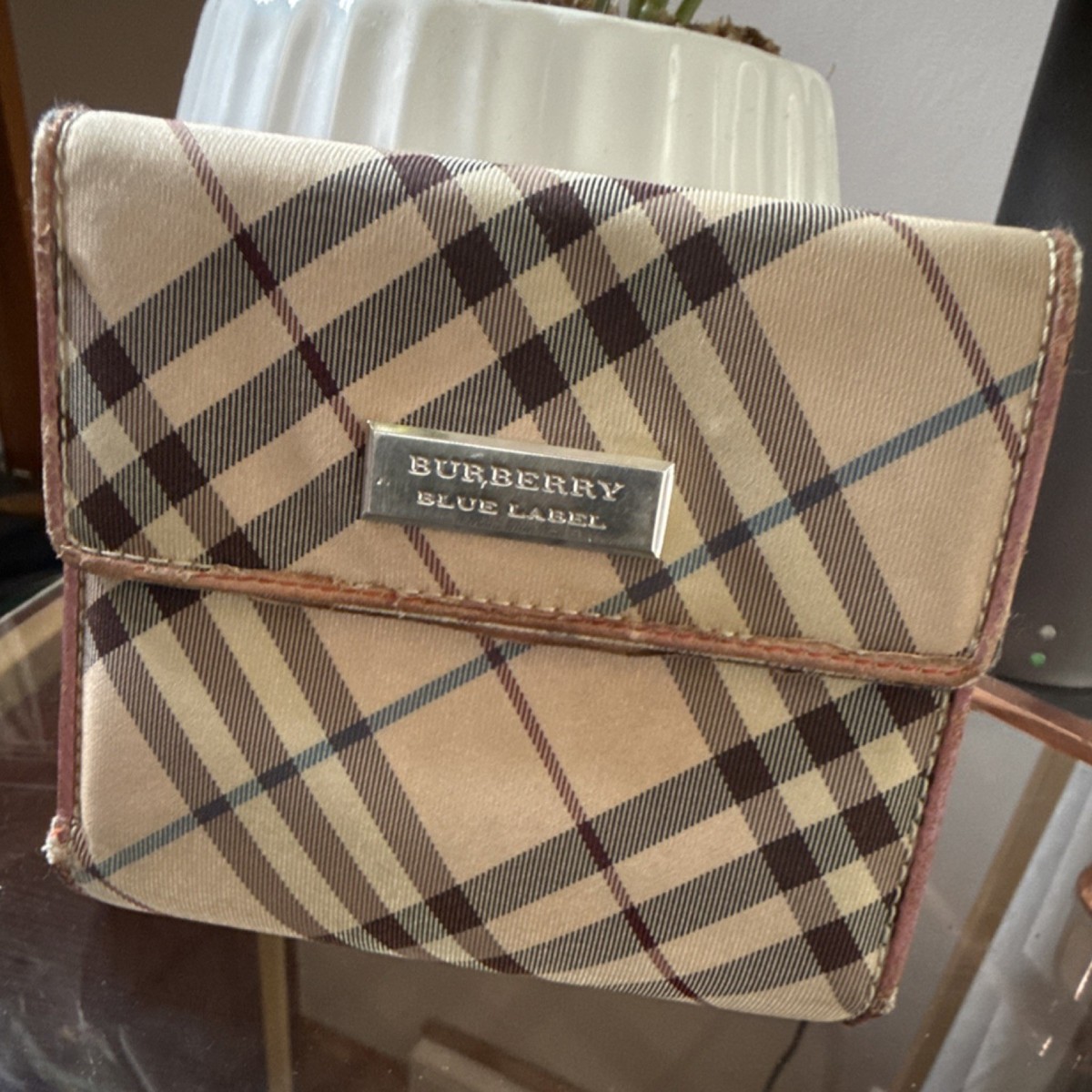 Authentic Burberry Blue Label Nova Check Wallet Beige Plaid Canvas