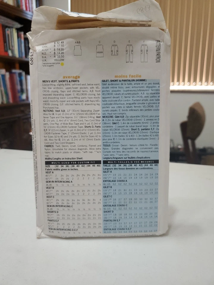Butterick 6843 Talla 32 34 36 Hombre CHALECO PANTALONES CORTOS Senderismo Camping Pesca Foto 2 de 3