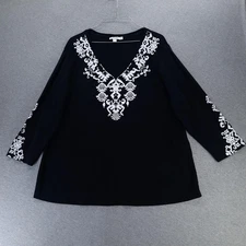 Chicos Shirt Womens XL Black White Ikat Print Boho Tee Long Sleeve Top