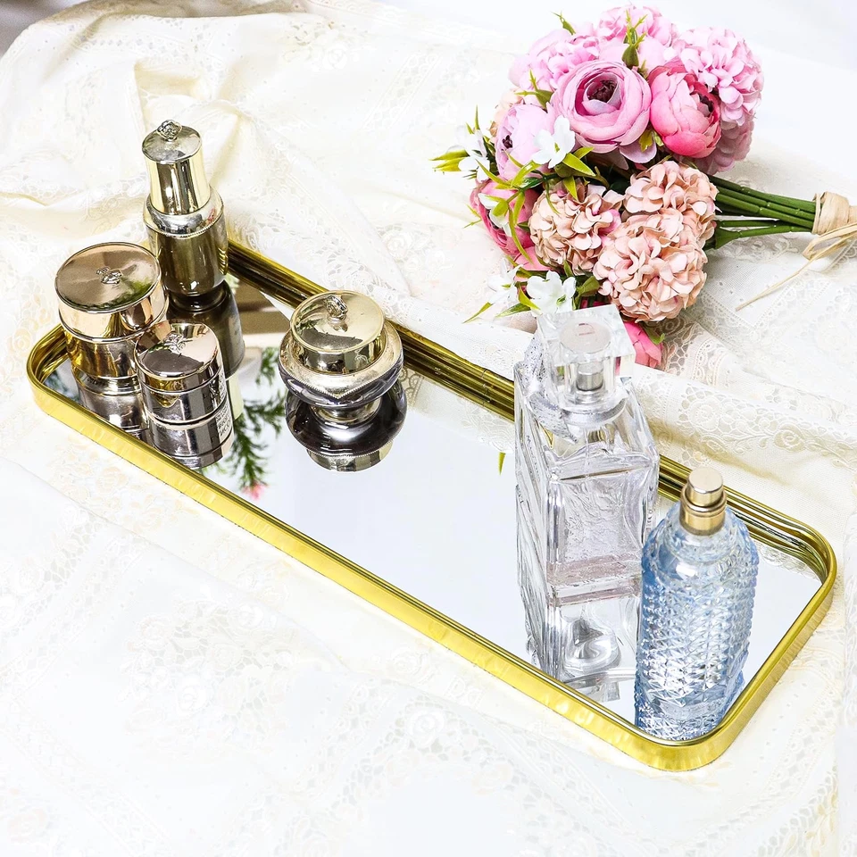 Mirror Bathroom Vanity Tray,Makeup Trays Durable Decorative Organizer,Gold Pe... - Image 2 of 4