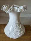 Vintage Fenton Silver Crest White Milk Glass Spanish Lace Ruffled Vase 8” EUC