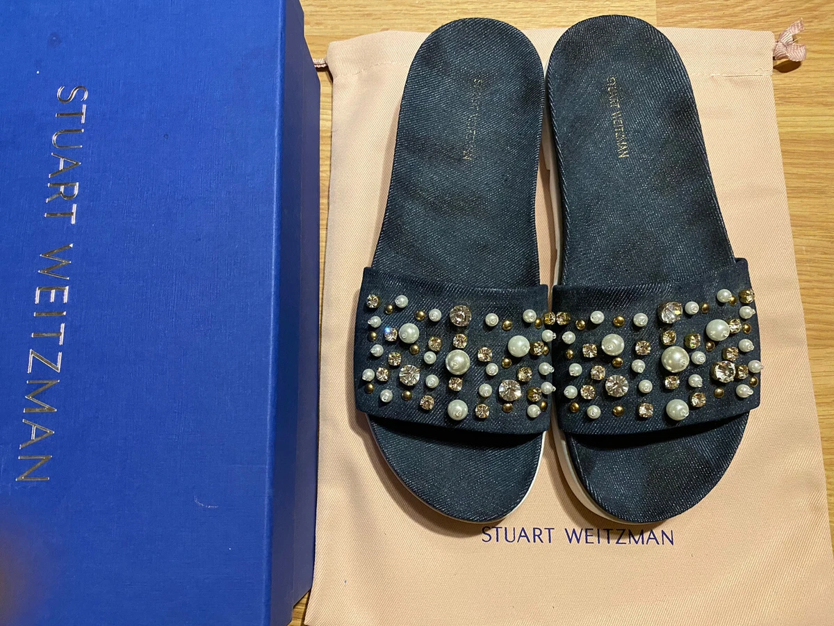 STUART WEITZMAN Navy Denim Pearls Crystals Embellished Slide Sandals Sz 9 390