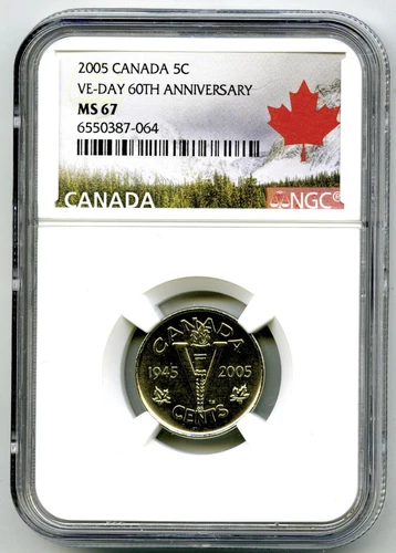 2005 CANADA 5 CENT NGC MS67 VE-DAY 60TH ANNIVERSARY VICTORY V NICKEL WWII