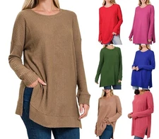1X 2X 3X Women's Round Neck Soft Brushed Thermal Waffle Knit Sweater Warm Top