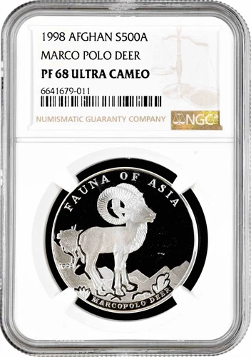 Afghanistan 500 afghanis 1998, NGC PF68 UC, "Fauna of Asia - Marco Polo Deer"