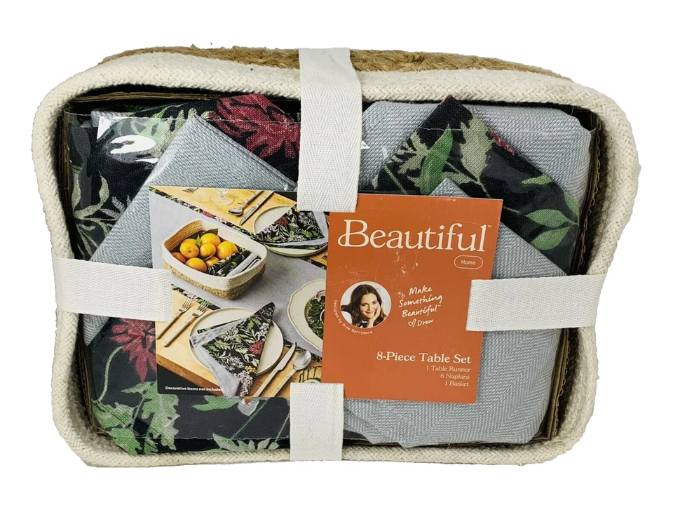 Hermoso Juego de Mesa Corredor 8 Piezas 6 Servilletas Drew Barrymore Cesta Gris + Floral Foto 2 de 4