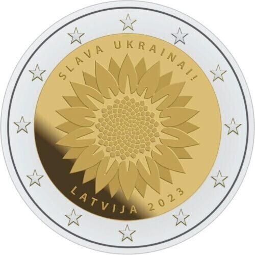 Latvia 2 Euro 2023 Sunflower Sunflower for Ukraine Slava Ukrainai - Picture 1 of 3