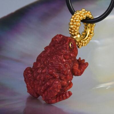 Toad Frosch Hängelampe Rot Schwamm Koralle, Rubin & Gold Vermeil Silber 8.83g