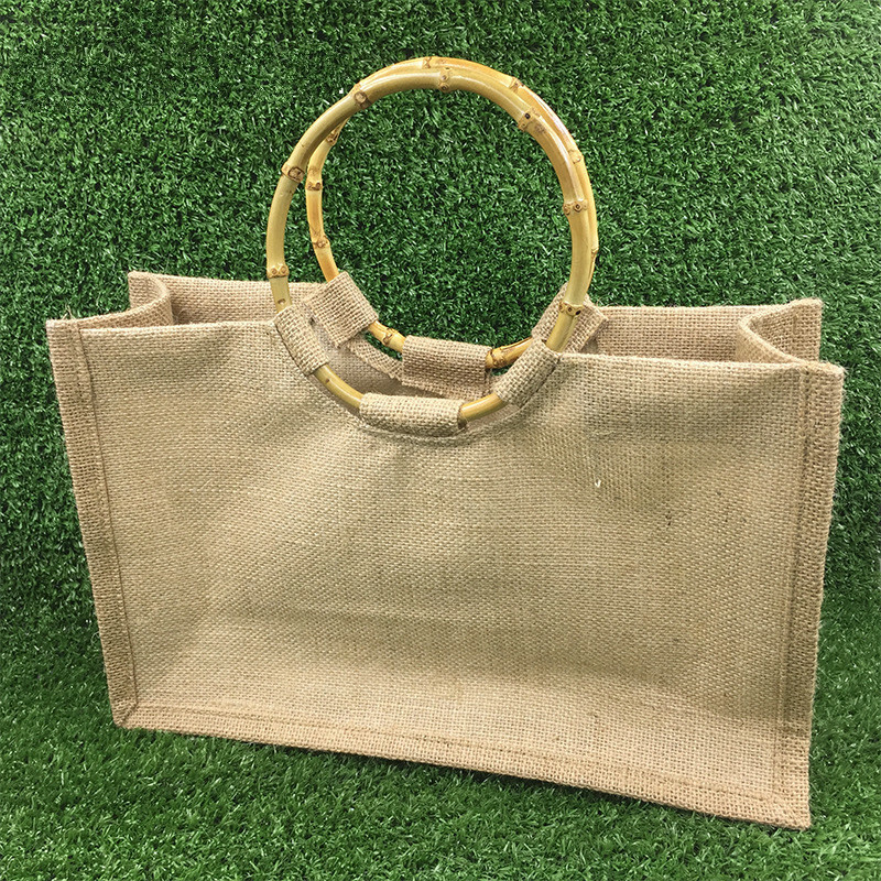 Hessian Handle Shopping Bag Jute Bamboo Lunch Pouch Bucket Large Round Ring image 2