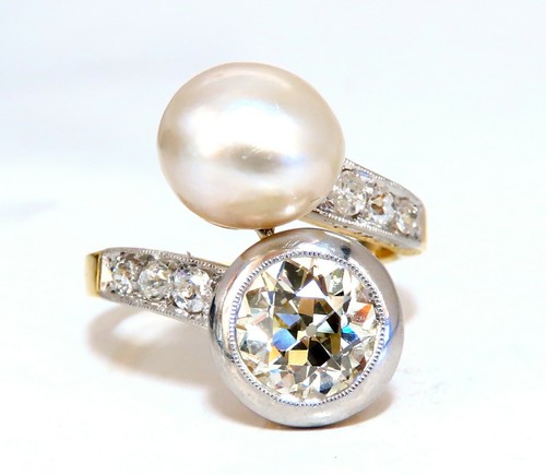 GIA Certified Natural Saltwater Pearl Light Yellow Diamonds Ring 18 Karat - Picture 6 of 10