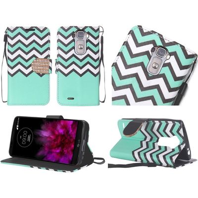 For LG G Flex 2 PU Leather Bling Flip Credit Card Design Wallet - Teal Chevron