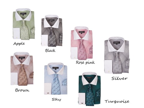 Neu Mini Karo/Karo Design Hemd französische Manschette weiß Kragen Krawatte & Taschentuch AH624 - Bild 1 von 14