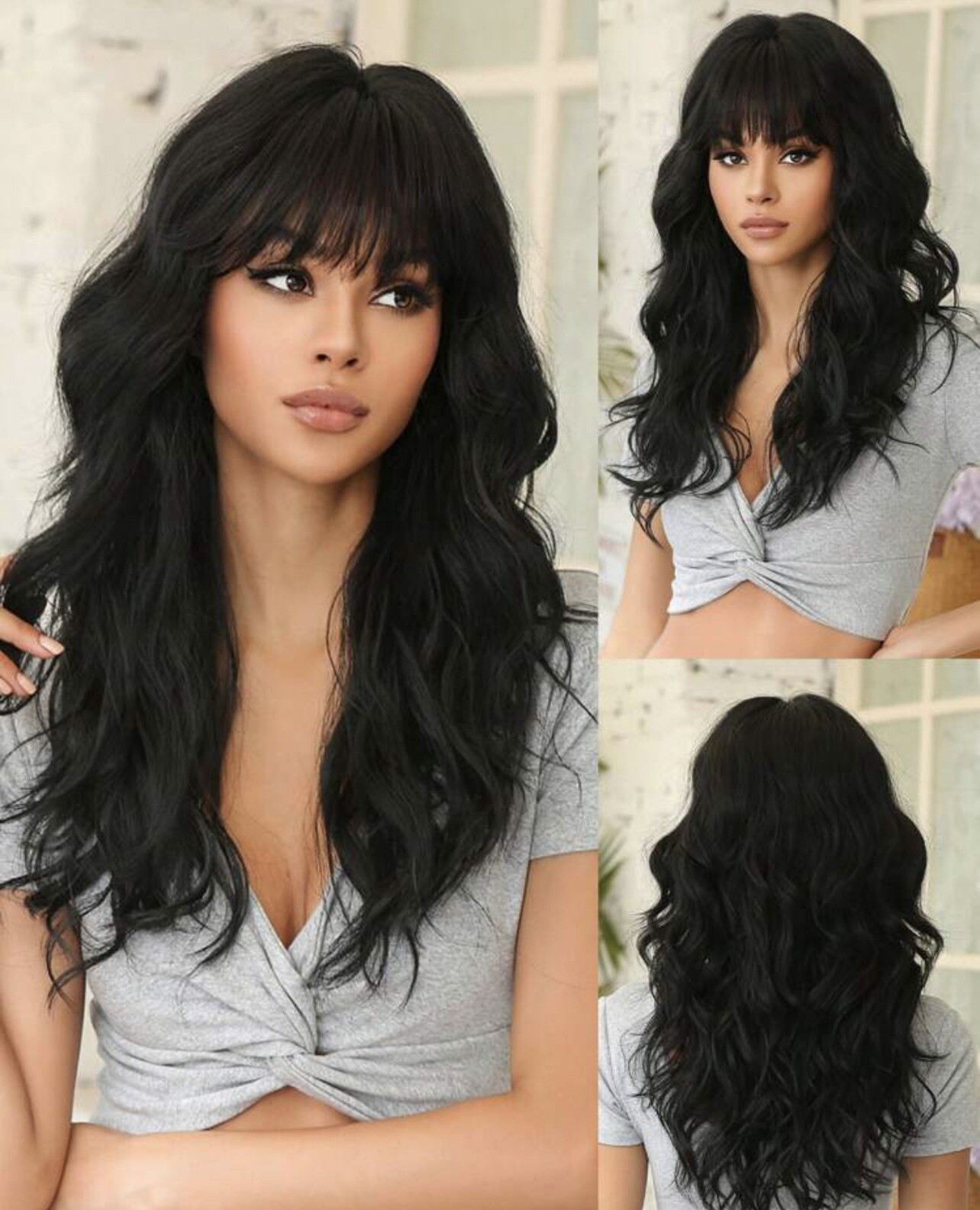 Perruque synthétique longue noire ondulée pour changer de coiffure rapidement sans effort
