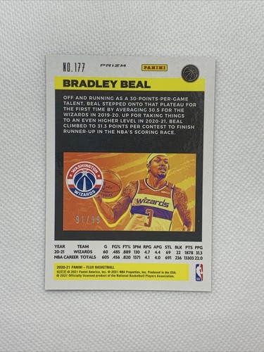 2020-21 Flux Bradley Beal Blue Prizm #91/99 Wizards - Picture 2 of 4