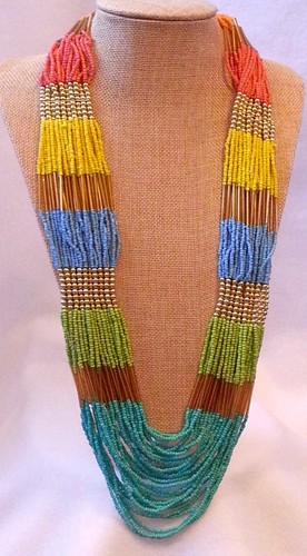 30 STRAND SEED BUGLE BEAD NECKLACE TURQUOISE YELLOW GREEN COWGIRL WESTERN NATIVE - Picture 3 of 3