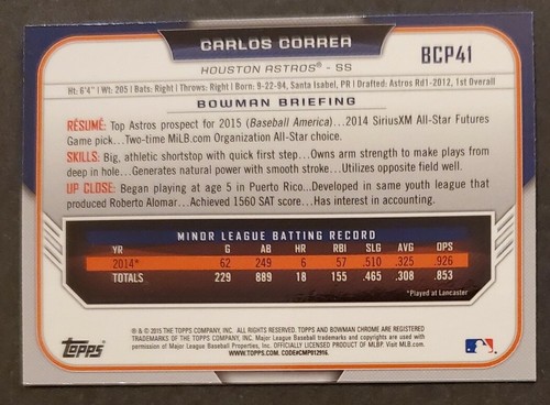 2015 Bowman Chrome #BCP41 Carlos Correa ASTROS Prospect baseball card NM/MT - Picture 2 of 2