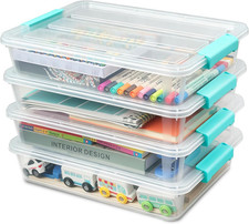 4 Pack Clear Storage Bins with Lids, A4 File Boxes, Green Latches Craft Storag