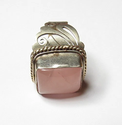 VINTAGE MENS STERLING SILVER ROSE QUARTZ PINK STONE RING SIZE 11 TOP stone 17mm - Image 2 of 4