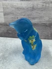 Fenton Lenox Celeste Blue Frosted Satin Glass Grooming Cat Figurine Hand Painted