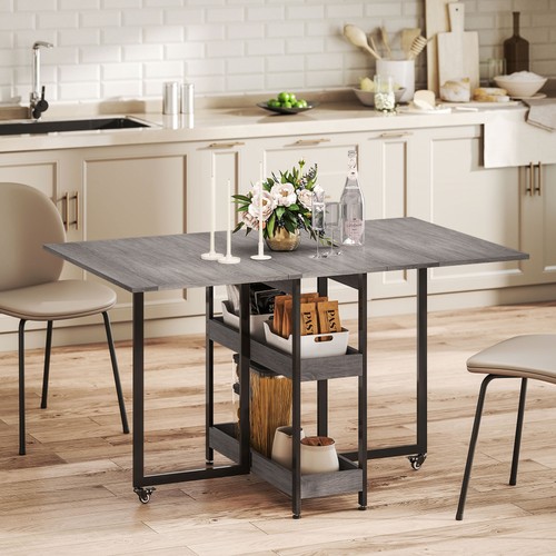 HOMCOM Mesa de Comedor Plegable, Mesa Hoja Caída con Compartimentos Abiertos, Gris - Imagen 10 de 11