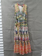 Maison Tara Dress Womens 10 Multicolor Maxi Wrap Belted Ruffle Boho Chiffon