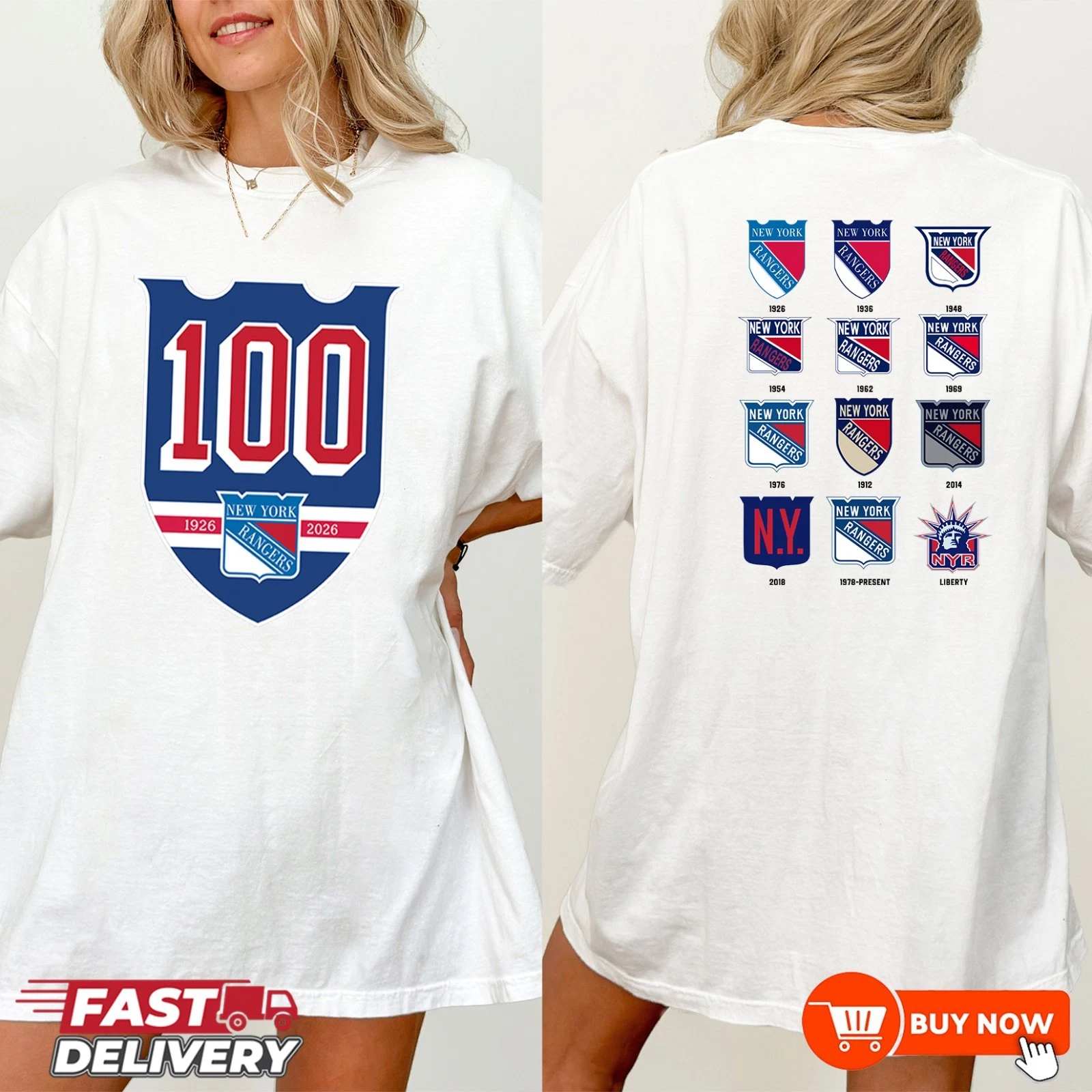 New York Rangers 100th Anniversary 1926-2026 Double Sided T-Shirt - Full Color, All Sizes