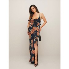 Reformation Elysia floral print ruffle cascading gown in black orange (new)