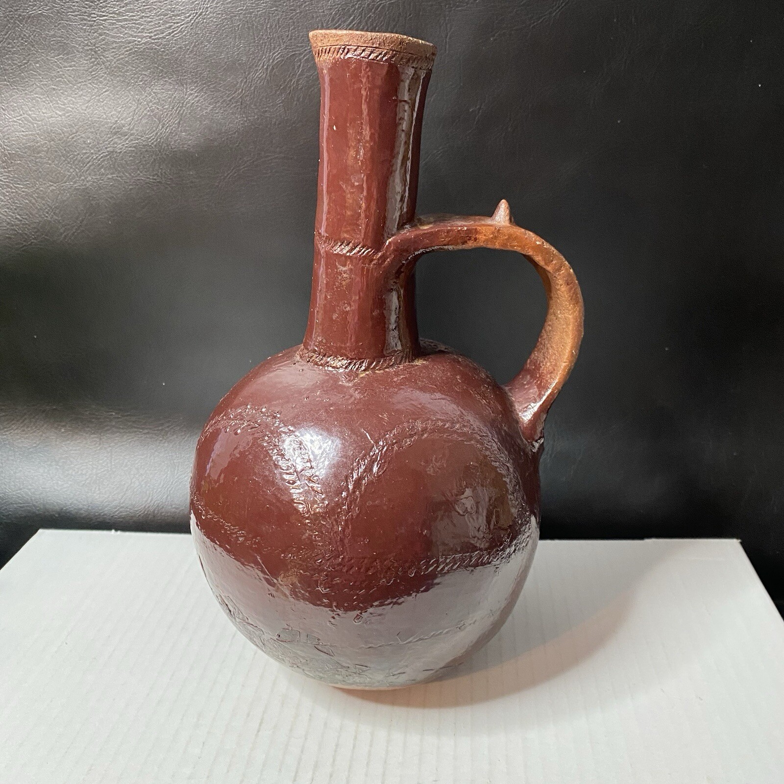 Ethiopian Jebena Clay Jug Coffee Pot Round Vintage with Design Etchings Handmade