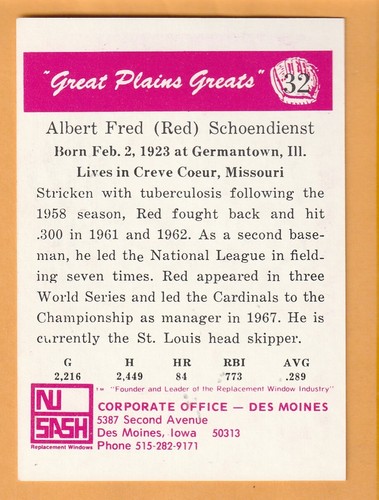 Red Schoendienst St. Louis Cardinals 1975-76 Great Plains Greats #32 HOF - Picture 2 of 2