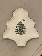 SPODE Holiday Christmas Tree Shaped Candy Nut Dish 8" Green Trim