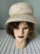 Vintage 1940s Hat cream colored with net veil, satin band, Union Made label