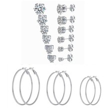 9 pairs set 6 Pairs Cubic Zirconia Stud Earrings 3 Pairs Hoops Hypoallergenic 