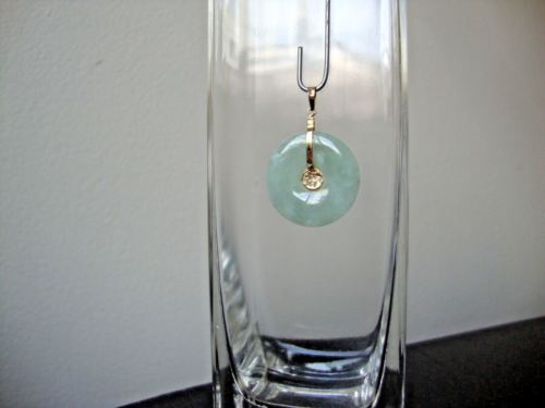 VTG HONG KONG LIGHT GREEN JADE BI DISC " FU DAO LE ! " 14K YELLOW GOLD PENDANT - Picture 5 of 21