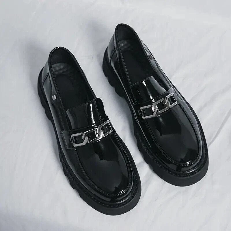 Men Punk Creepers Faux Patent Leather Loafers Thick Heel Platform Penny  Shoes