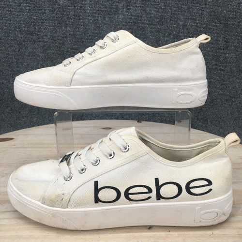 Bebe Shoes Womens 10 Sneakers White Canvas Lace Up Comfort Low Top Casual Flats - 第 2/10 張圖片