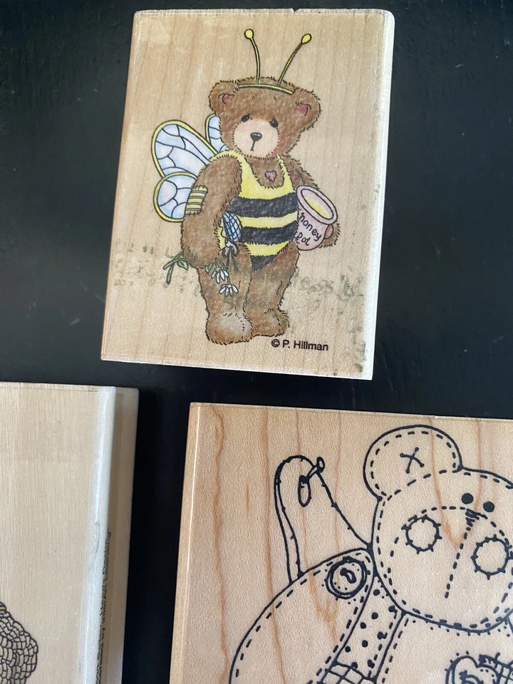 Lote de 3 estampillas de goma temáticas de osos de peluche bloque de madera estampillas de goma de colección Foto 3 de 4