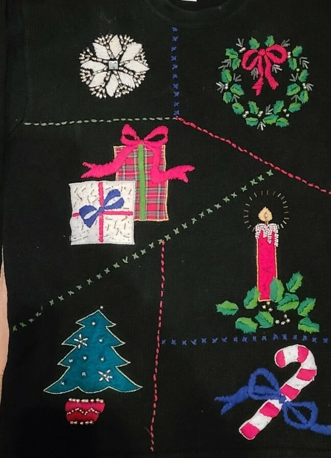Vintage Ugly Christmas Sweater Sz L Embellished Pullover Festive Party Winner