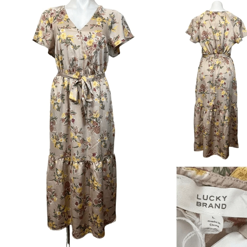 Lucky Brand midi/maxi dress sz L sand floral short sleeve casual