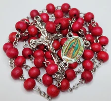 Our Lady of Guadalupe Five Decade Catholic Rosary Red Wood Beads Silver Crucifix