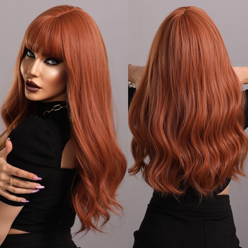 Pelucas cosplay rojo cobre con flecos natural largo ondulado pelo artificial - Imagen 2 de 8